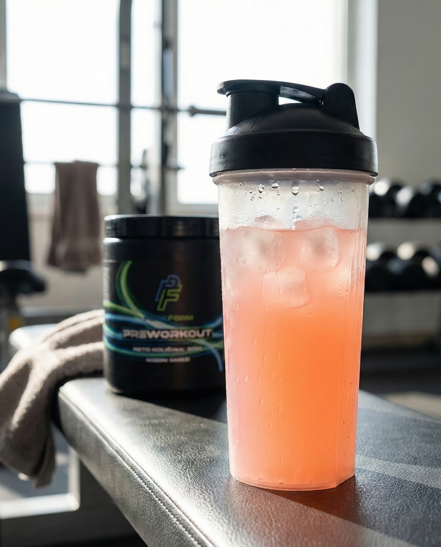 Pripravljen PeakForm Pre-workout napitek v shakerju v fitnesu