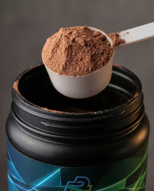 Merica PeakForm Whey proteinov okus čokolada nad embalažo.