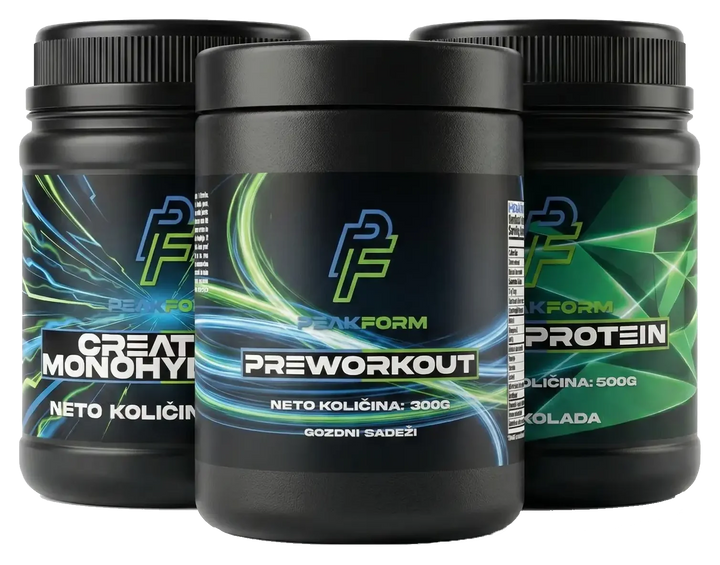 PeakForm Performance Stack – kreatin monohidrat 500 g, pre-workout 300 g in whey protein 500 g v enem paketu