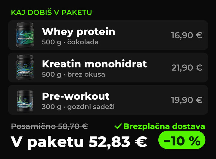 Kaj dobiš v paketu: whey protein 500 g, kreatin monohidrat 500 g in pre-workout 300 g – v paketu 52,83 € namesto 58,70 €, brezplačna dostava